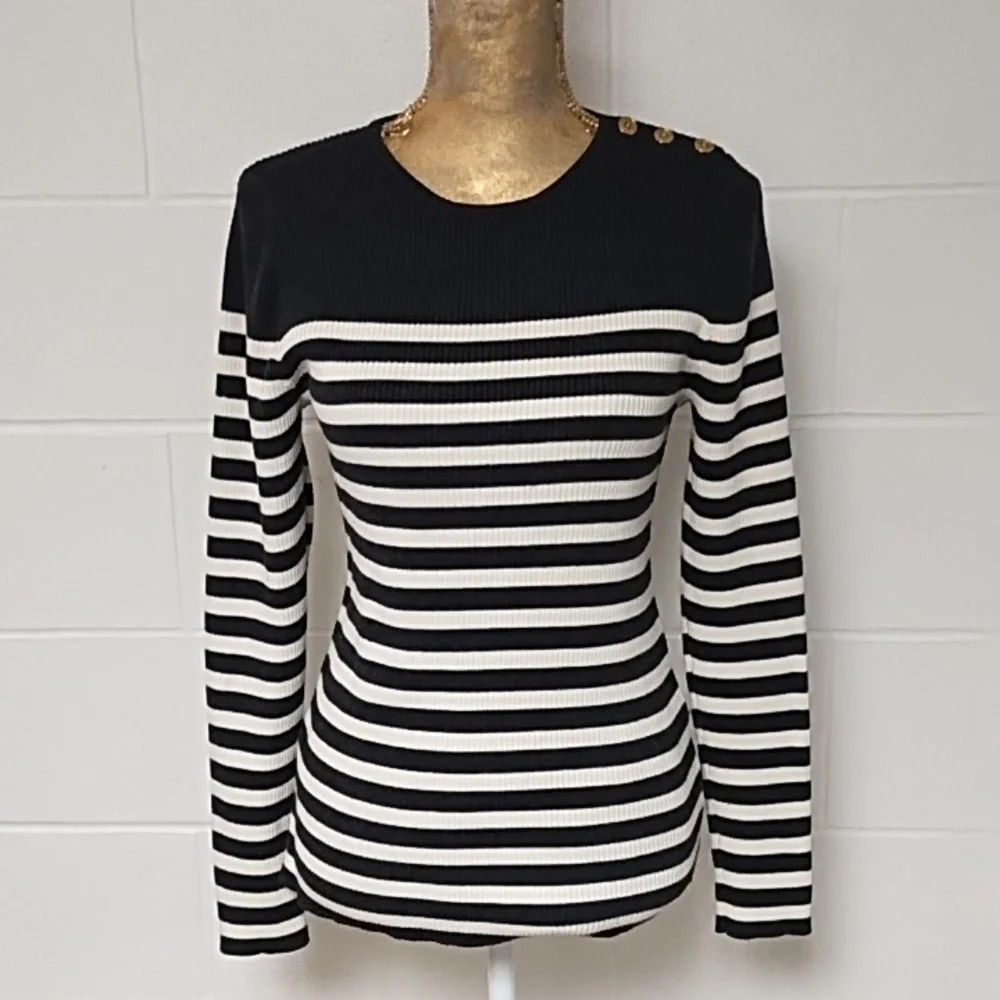 Lauren Ralph Lauren Rib Knit, Gold Button Shoulder, Gray & Cream Stripe Sweater